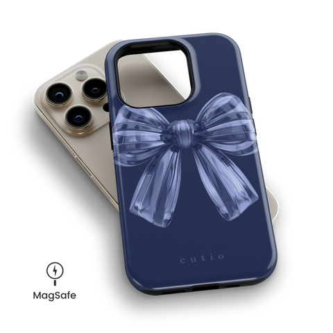 Sailor Bow MagSafe phone case featuring cute translucent 3D navy blue bow design, top down view on iPhone