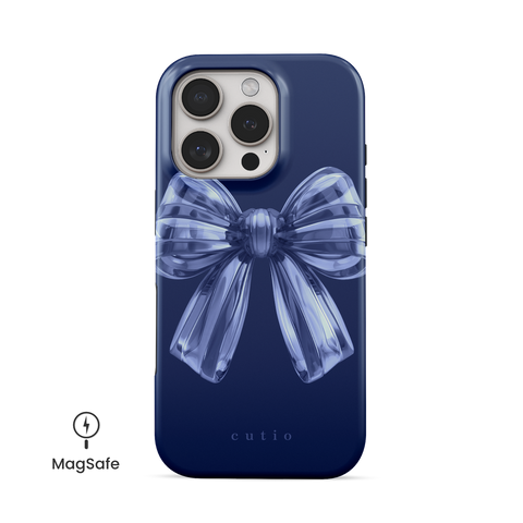 Sailor Bow MagSafe phone case featuring cute translucent 3D navy blue bow design, front view on iPhone