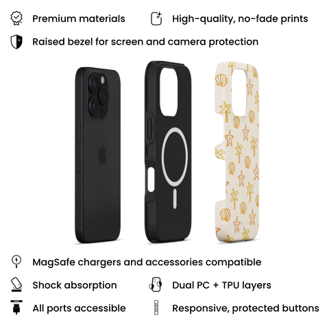 Sandy Beach MagSafe phone case featuring glossy yellow palm trees, starfish, and seashells scattered over a warm, creamy beige background, layers view on iPhone