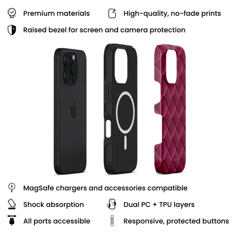 Satin Mulberry MagSafe phone case featuring sleek crisscross pattern in deep satin mulberry, layers view on iPhone