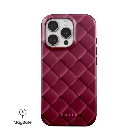 Satin Mulberry MagSafe phone case featuring sleek crisscross pattern in deep satin mulberry, front view on iPhone