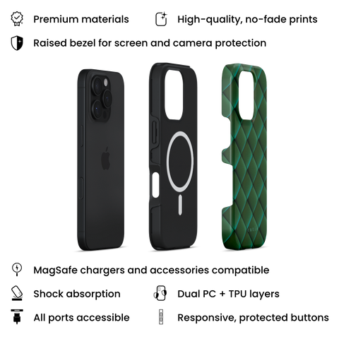 Satin Viridian MagSafe phone case featuring sleek crisscross pattern in deep satin viridian green, layers view on iPhone