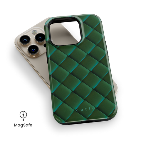 Satin Viridian MagSafe phone case featuring sleek crisscross pattern in deep satin viridian green, top down view on iPhone