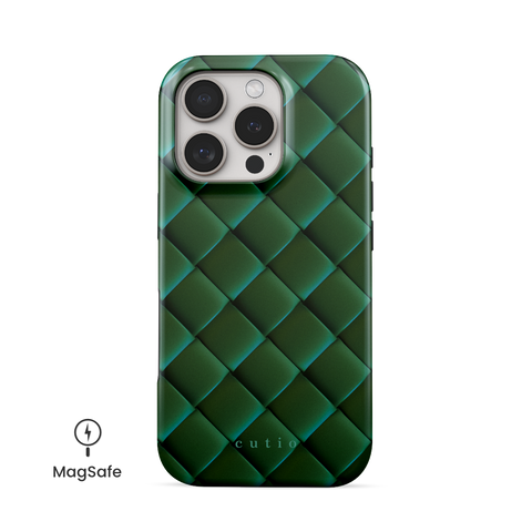 Satin Viridian MagSafe phone case featuring sleek crisscross pattern in deep satin viridian green, front view on iPhone