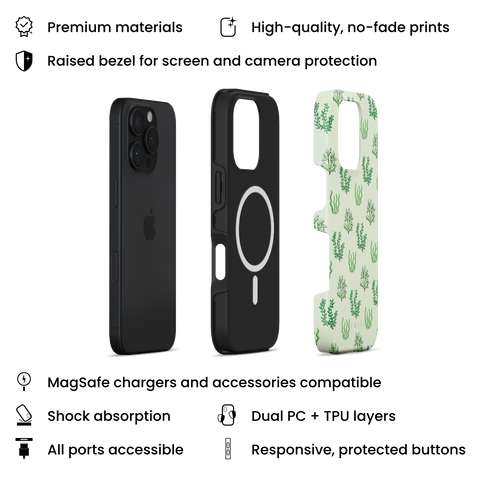 Sea Garden MagSafe phone case featuring glossy green seaweed and algae illustrations over a pale mint green background, layers view on iPhone