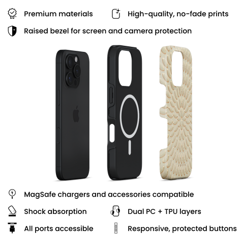 Solara MagSafe phone case featuring elegant abstract circular design in beige and gold tones, layers view on iPhone