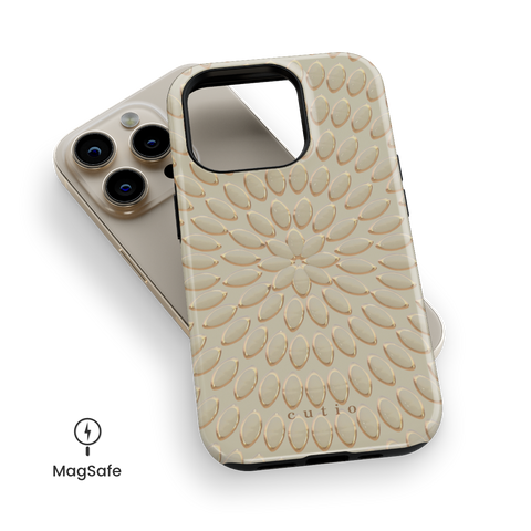 Solara MagSafe phone case featuring elegant abstract circular design in beige and gold tones, top down view on iPhone