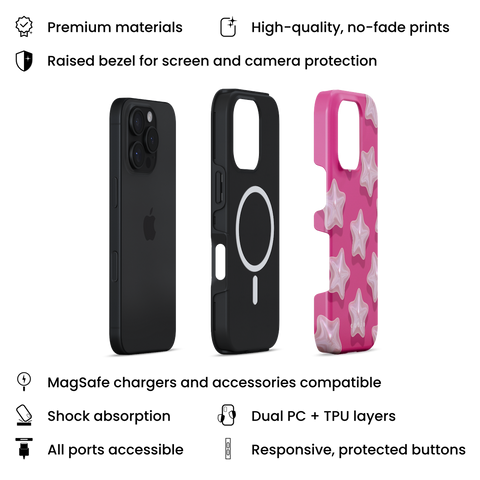 Sophie MagSafe phone case featuring star-shaped pearls on magenta pink background design, layers view on iPhone
