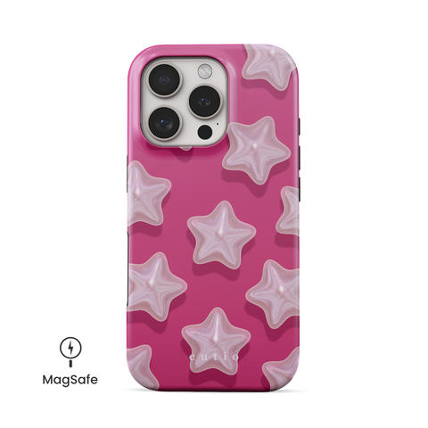 Sophie MagSafe phone case featuring star-shaped pearls on magenta pink background design, front view on iPhone