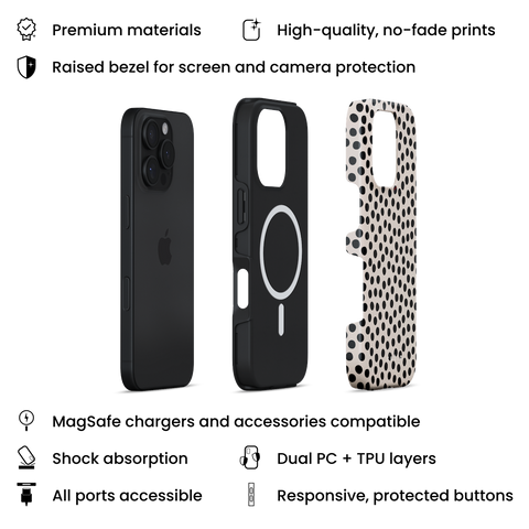 Spotted MagSafe phone case featuring classic organic-shaped polka dots on beige background, layers view on iPhone