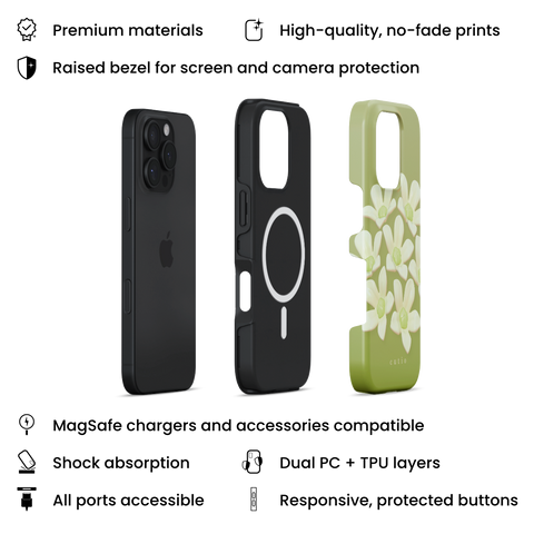 Spring Blooms MagSafe phone case featuring 3D-look delicate white flowers on a soft green gradient background, layers view on iPhone