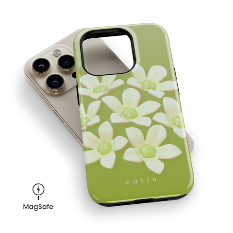 Spring Blooms MagSafe phone case featuring 3D-look delicate white flowers on a soft green gradient background, top down view on iPhone
