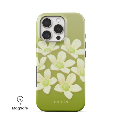 Spring Blooms MagSafe phone case featuring 3D-look delicate white flowers on a soft green gradient background, front view on iPhone