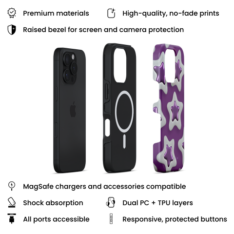 Star Charm MagSafe phone case featuring shiny 3D metallic purple stars on a rich purple background, layers view on iPhone