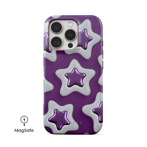 Star Charm MagSafe phone case featuring shiny 3D metallic purple stars on a rich purple background, front view on iPhone