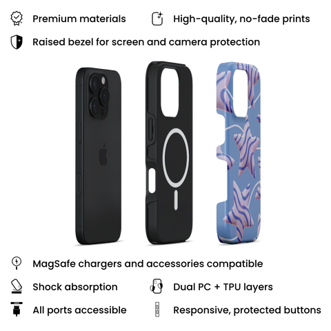 Star Up MagSafe phone case featuring adorable star-shaped balloons in blue striped pattern, layers view on iPhone