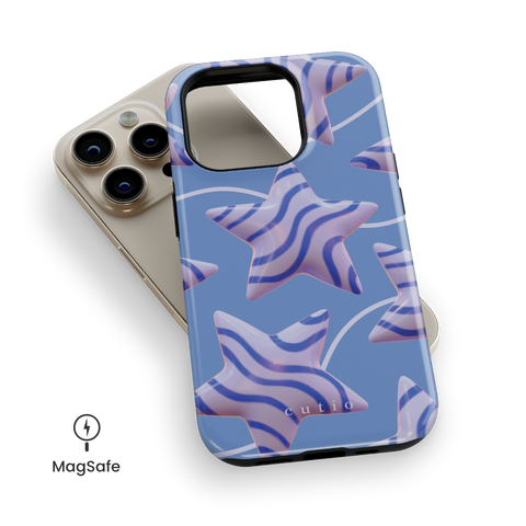 Star Up MagSafe phone case featuring adorable star-shaped balloons in blue striped pattern, top down view on iPhone