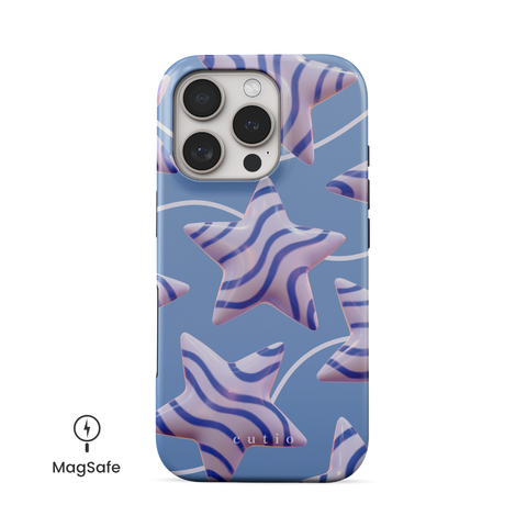 Star Up MagSafe phone case featuring adorable star-shaped balloons in blue striped pattern, front view on iPhone