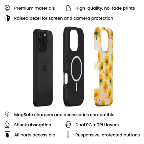 Summer Afternoon MagSafe phone case featuring bright yellow daisy flowers against a summer afternoon sky, layers view on iPhone