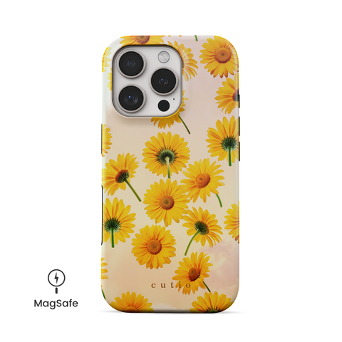 Summer Afternoon MagSafe phone case featuring bright yellow daisy flowers against a summer afternoon sky, front view on iPhone