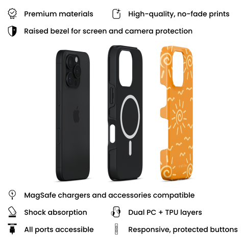 Summer Heat MagSafe phone case featuring playful beige sun spiral and wave lines across a rich orange background, radiating heat and energy, layers view on iPhone