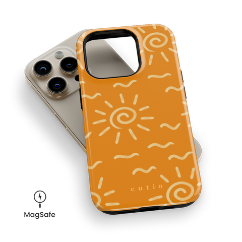 Summer Heat MagSafe phone case featuring playful beige sun spiral and wave lines across a rich orange background, radiating heat and energy, top down view on iPhone