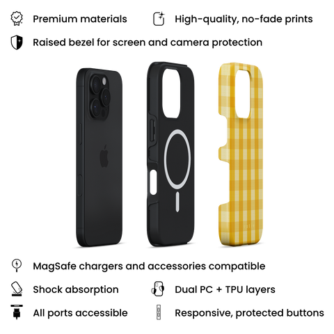Sundress MagSafe phone case featuring vibrant check pattern in bright yellow tones, layers view on iPhone