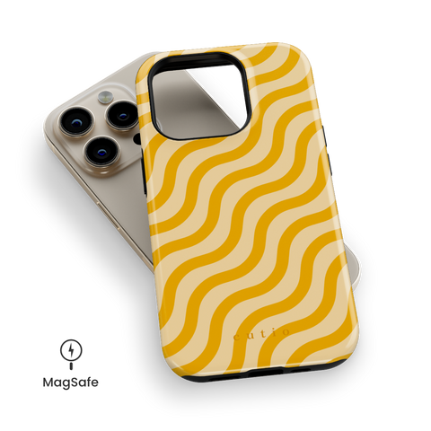Sunray MagSafe phone case featuring bright mustard yellow wavy pattern design, top down view on iPhone