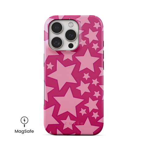 Super Star MagSafe phone case featuring stars pattern design in bright hot pink, front view on iPhone