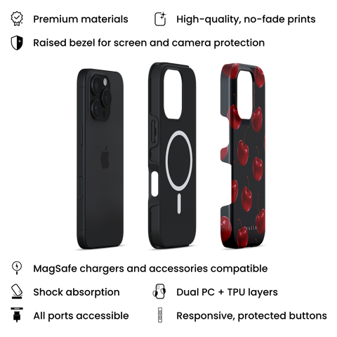 Temptation MagSafe phone case featuring luscious red cherries on black background, layers view on iPhone