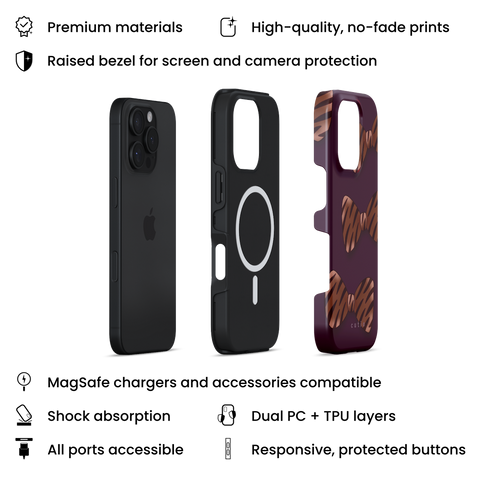 Tiger Bows MagSafe phone case featuring bold tiger-print bows on dark purple background, layers view on iPhone
