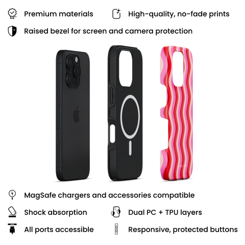 Unwind MagSafe phone case featuring bold Y2K-inspired groovy waves design in red, pink, and beige tones, layers view on iPhone