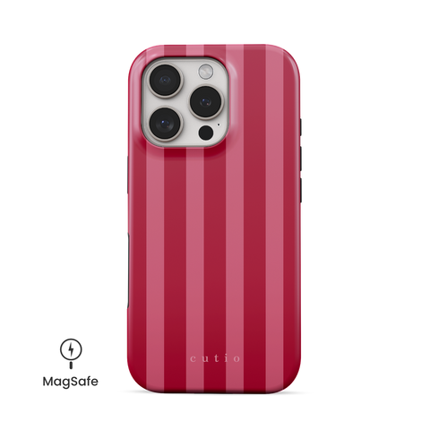 Watermelon MagSafe phone case featuring lovely vertical stripes pattern in rich red and pink tones, front view on iPhone