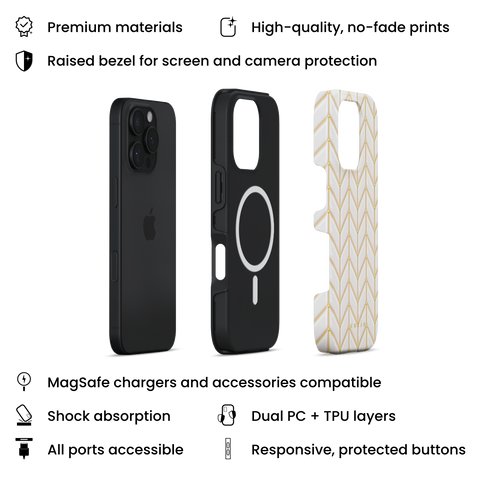 White Chevron MagSafe phone case featuring 3D-effect glossy white chevron pattern with gold trim details, layers view on iPhone