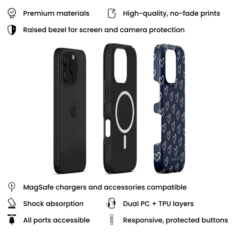 With Love - Navy Blue MagSafe phone case featuring small hand-drawn heart pattern in off-white on a deep navy blue background, layers view on iPhone