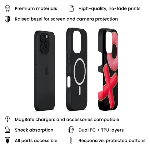 XO MagSafe phone case featuring 3D-effect XO design in bright red and pink with gold trim accents on a black background, layers view on iPhone