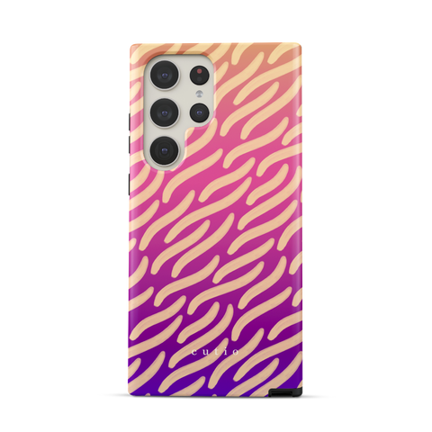 Afterglow tough phone case featuring painterly beige waves stretching over a vivid gradient of orange, pink, and purple, front view on Samsung Galaxy phone