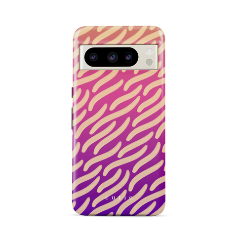 Afterglow tough phone case featuring painterly beige waves stretching over a vivid gradient of orange, pink, and purple, front view on Google Pixel phone