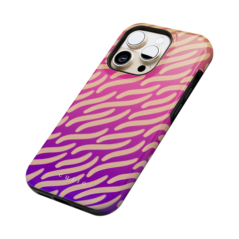 Afterglow tough phone case featuring painterly beige waves stretching over a vivid gradient of orange, pink, and purple, side view on iPhone