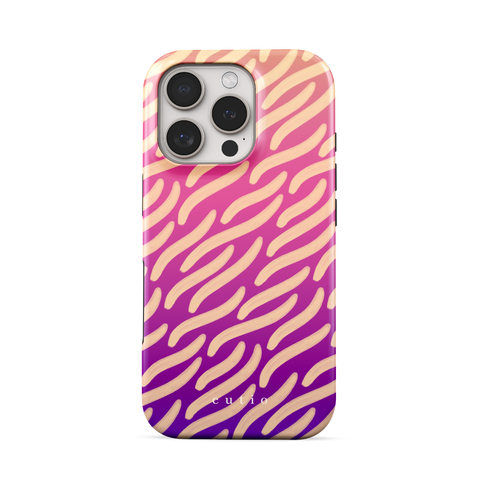 Afterglow tough phone case featuring painterly beige waves stretching over a vivid gradient of orange, pink, and purple, front view on iPhone