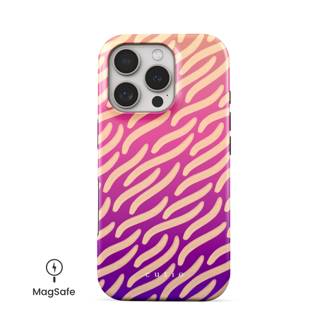 Afterglow MagSafe phone case featuring painterly beige waves stretching over a vivid gradient of orange, pink, and purple, front view on iPhone