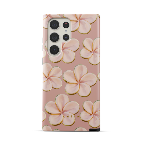 Beach Date - Blush tough phone case featuring glossy blush-pink plumeria flowers with gold-rimmed petals on a muted dusty rose background, front view on Samsung Galaxy phone