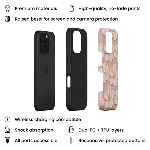 Beach Date - Blush tough phone case featuring glossy blush-pink plumeria flowers with gold-rimmed petals on a muted dusty rose background, layers view on iPhone