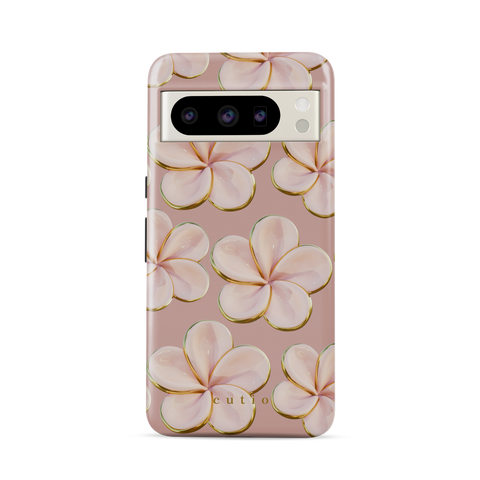 Beach Date - Blush tough phone case featuring glossy blush-pink plumeria flowers with gold-rimmed petals on a muted dusty rose background, front view on Google Pixel phone