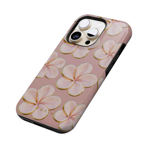 Beach Date - Blush tough phone case featuring glossy blush-pink plumeria flowers with gold-rimmed petals on a muted dusty rose background, side view on iPhone