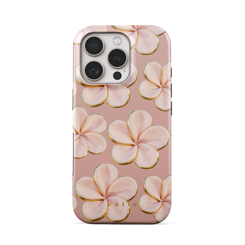 Beach Date - Blush tough phone case featuring glossy blush-pink plumeria flowers with gold-rimmed petals on a muted dusty rose background, front view on iPhone