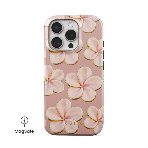 Beach Date - Blush MagSafe phone case featuring glossy blush-pink plumeria flowers with gold-rimmed petals on a muted dusty rose background, front view on iPhone