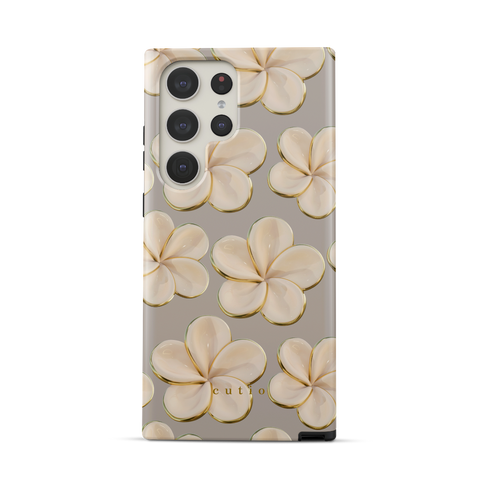 Beach Date - Ivory tough phone case featuring glossy ivory plumeria flowers with golden edges on a warm grey background, front view on Samsung Galaxy phone