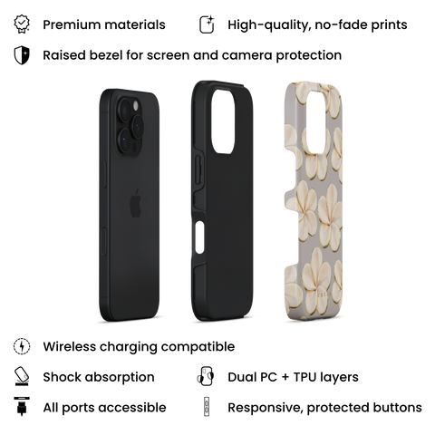 Beach Date - Ivory tough phone case featuring glossy ivory plumeria flowers with golden edges on a warm grey background, layers view on iPhone
