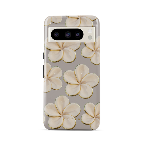 Beach Date - Ivory tough phone case featuring glossy ivory plumeria flowers with golden edges on a warm grey background, front view on Google Pixel phone